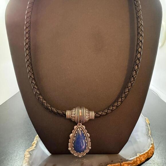 Carolyn Pollack Black Braided Leather Necklace with Teardrop Denim Lapis Pendant - Picture 1 of 10